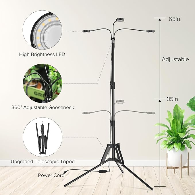 SANSI Grow Lights for Indoor Plants, Dimmable 30W Plant Lights for Indoor Growing, 3 Head 35"-65"