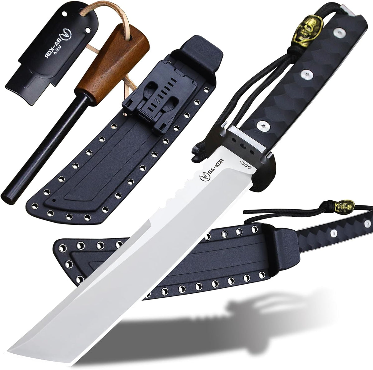 BA-KOR 15.8in Full Tang Japanese Style Outdoor Knife –8mm DC53 Steel, Nylon Fiber Handle &Sheath