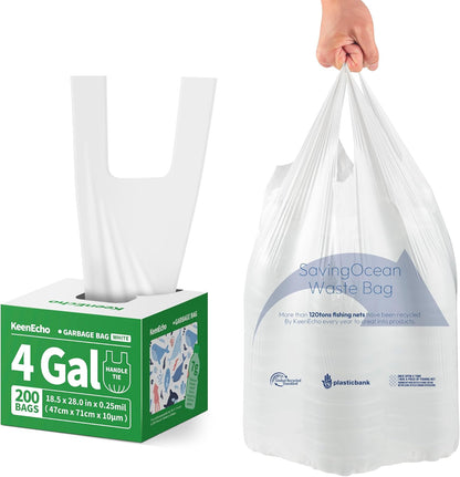 Small Trash Bags with Handles 4 Gallon 200 Count White - Ocean Plastic Upcycling - Plastic Garbage