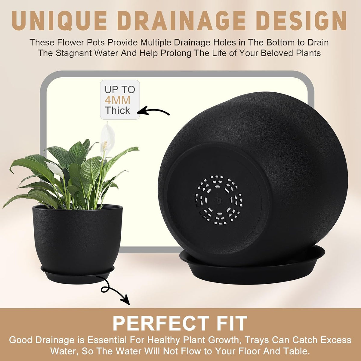 Plant Pots 10/9/8/7.5/7 inch Set of 5,Flower Pots with Multi Mesh Drainage Holes, Large Planters