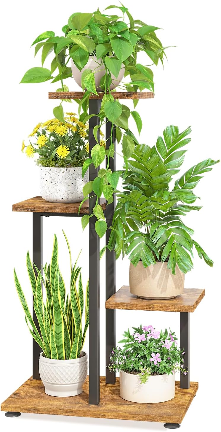 LASZOLA Black 4 Tiered Wood Plant Stand Indoor for Large Heavy Duty Planter, Sturdy Multi Level