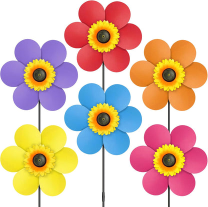 6PCS Sunflower Wind Spinners with Stakes 14" W x 29" H Wind Spinners Lawn Pinwheel Rainbow Windmill