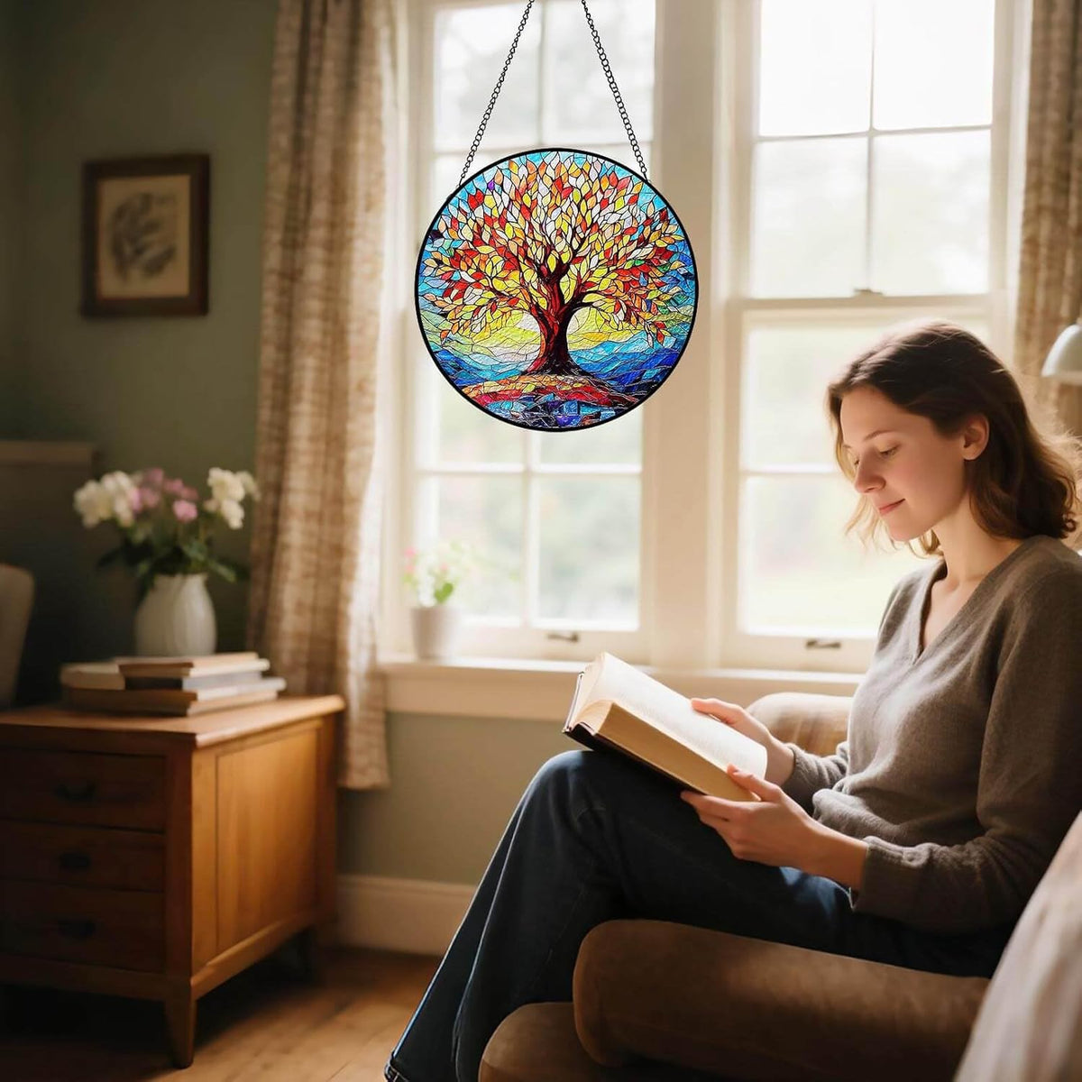 Tree of Life Stained Glass Suncatcher | 8" Round Indoor Window Sun Catchers with Stain Glass Panels