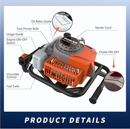72cc 2-Stroke Auger Post Hole Digger with 2 Extension Rods & 6" & 8" Auger Bits - Gas Powered Earth