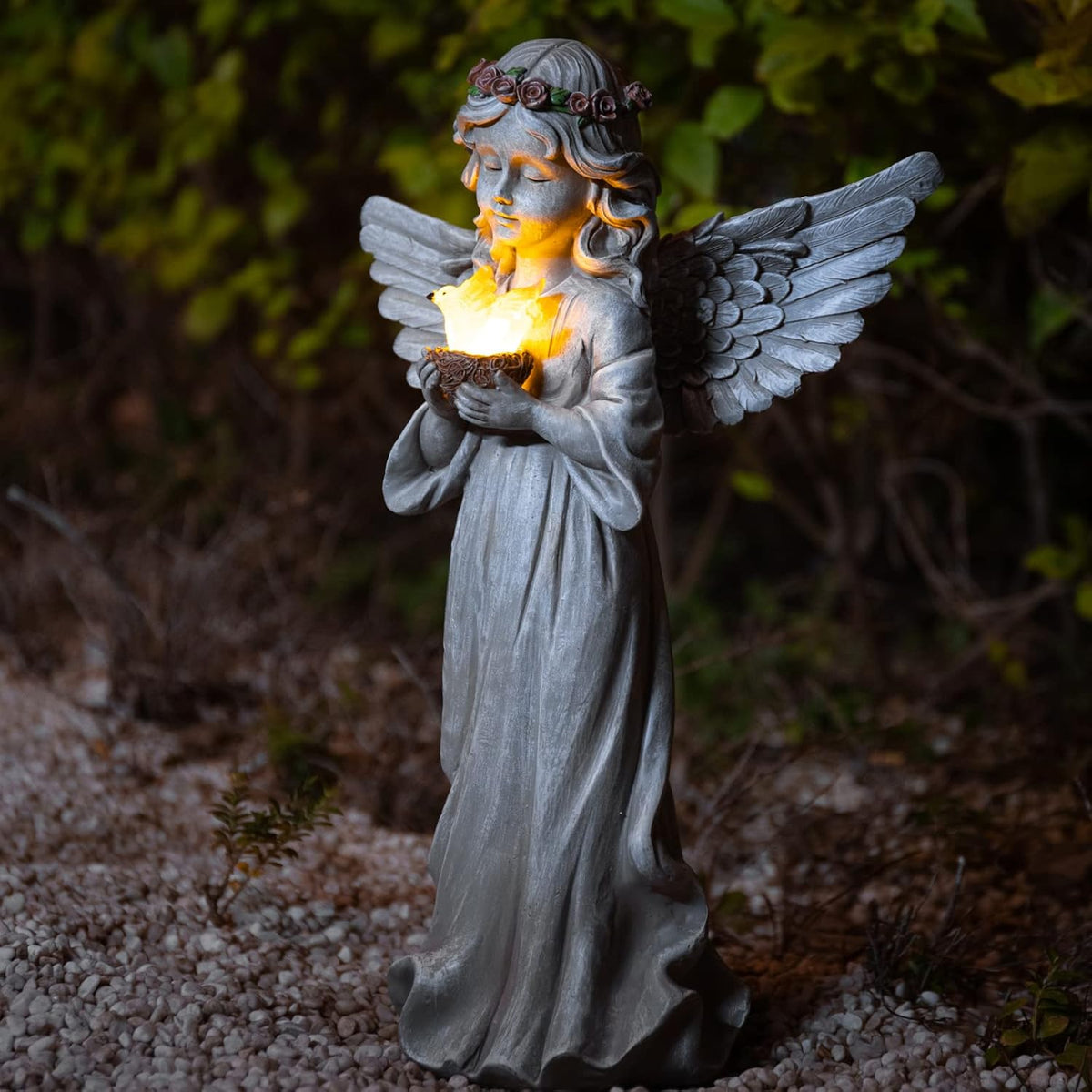 Angel Garden Statue Outdoor Decor, Angel Garden Figurine Hold Dove with Solar Lights Waterproof