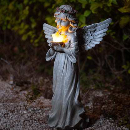 Angel Garden Statue Outdoor Decor, Angel Garden Figurine Hold Dove with Solar Lights Waterproof