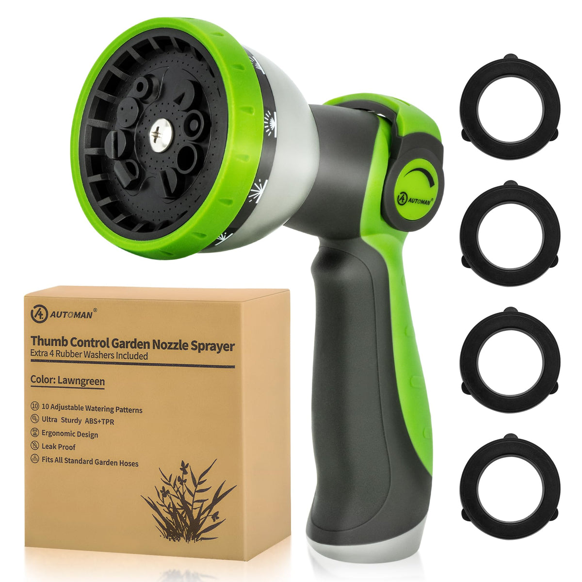 AUTOMAN Garden Hose Nozzle Sprayer - 10 Spray Patterns, Thumb Control On Off Valve, Durable Water