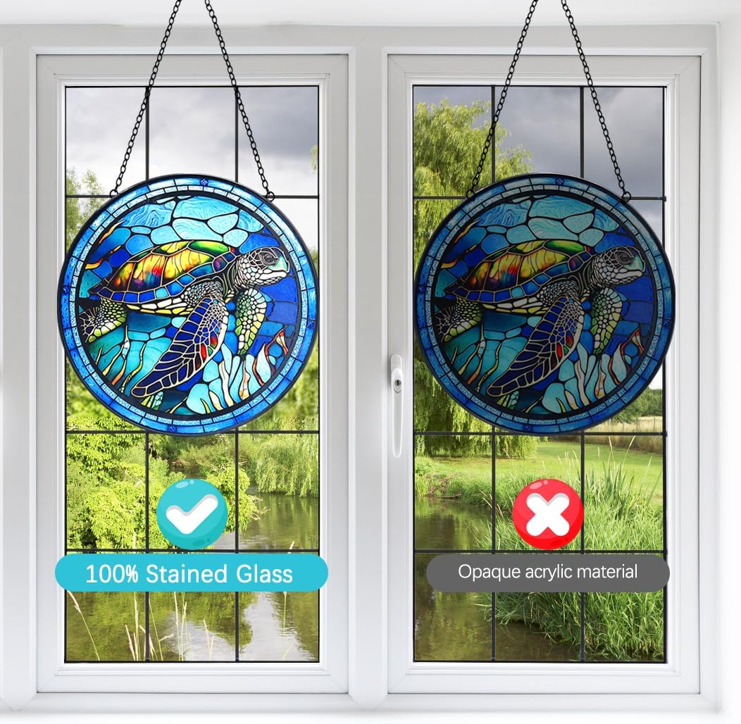 Stained Glass Turtle Suncatcher Window Hanging - Handmade Sea Turtle Suncatchers for Windows with