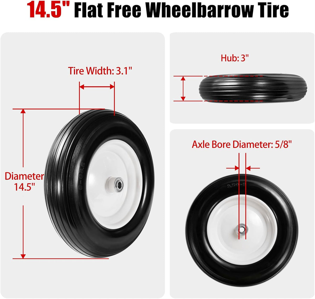 (2-Pack) Fits 4.80/4.00-8, 3.50/2.50-8, 4.00-6, 4.00-8 Wheelbarrow Wheels,14.5" Wheelbarrow Flat