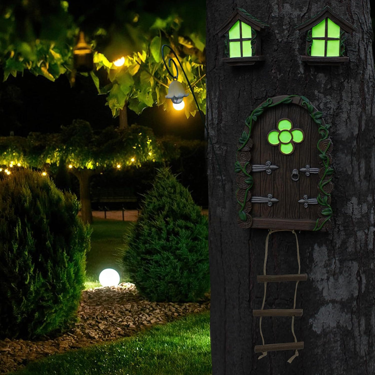 Fairy Door and Windows Garden Kit Accessories Outdoor, Glow in Dark Gnome House for Tree, Lawn Yard