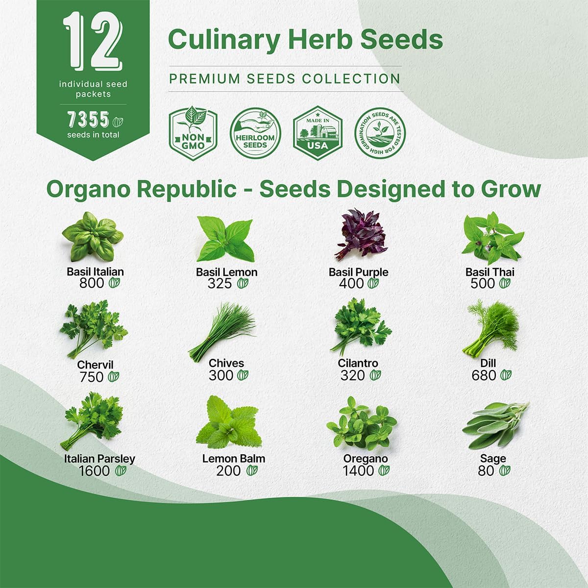 Organo Republic 12 Culinary Herbs Seeds Variety Pack - 7,355+ Heirloom, Non-GMO, Herbs Seeds for