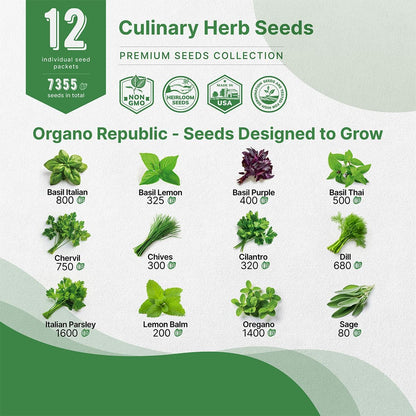 Organo Republic 12 Culinary Herbs Seeds Variety Pack - 7,355+ Heirloom, Non-GMO, Herbs Seeds for