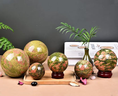 JIC Gem Crystal Sphere Balls Unakite Healing Crystal Ball with Wood Base for Reiki Chakra Decor