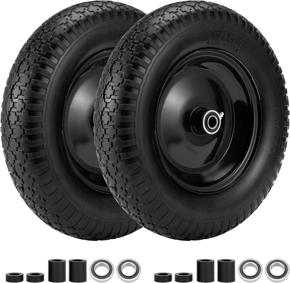 4.80/4.00-8" Flat Free Wheelbarrow Tire, 14.5" Wheel Size, 5/8" Axle Bore, 3" Center Hub, 3/4"