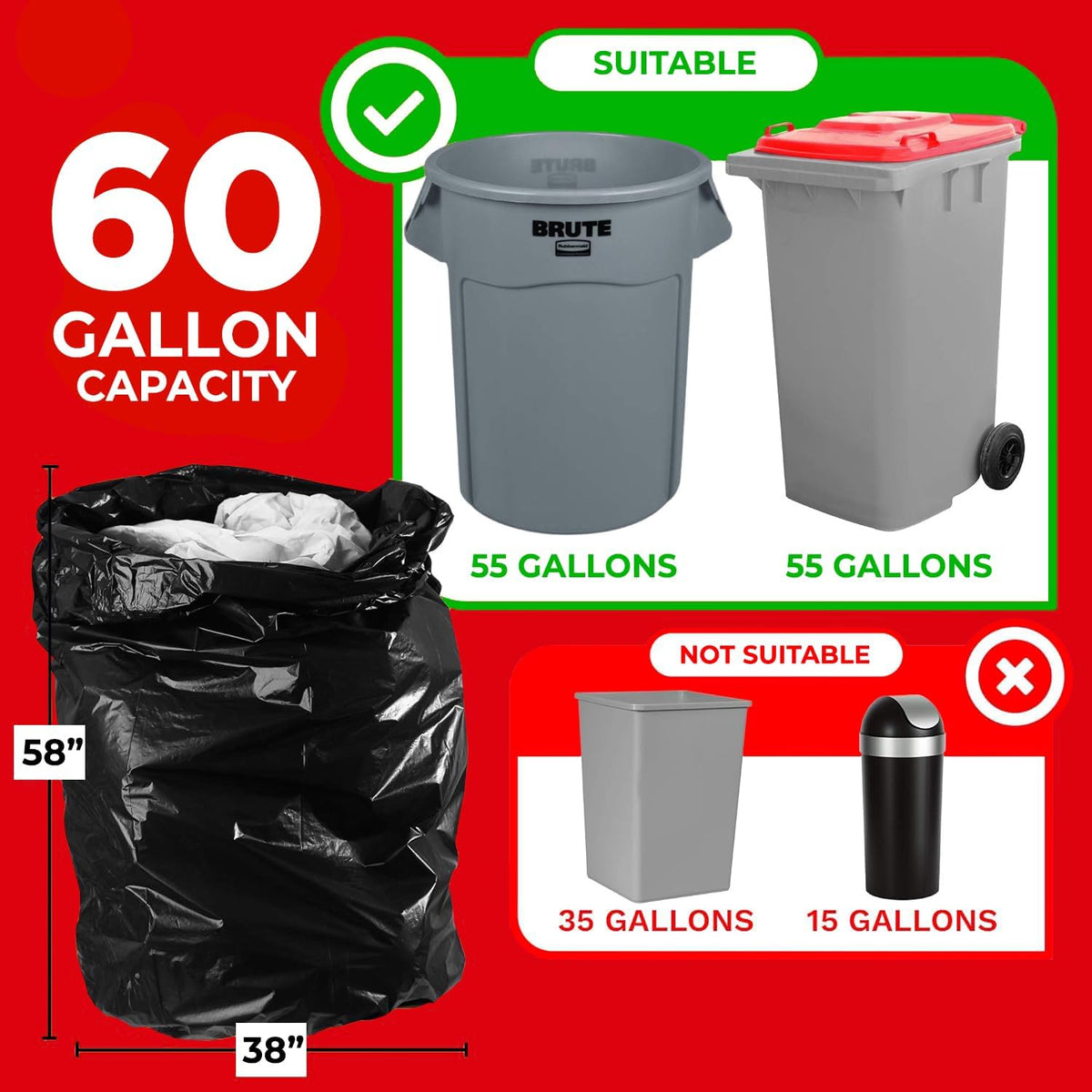 ToughBag 55 Gallon Trash Bags, 2.5 Mil Contractor Bags - 50 Count, Large 55-60 Gallon Trash Can
