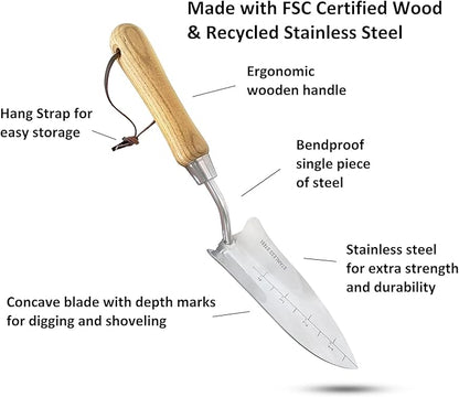 Garden Guru Eco Transplanter Trowel Shovel- 100% Recycled Stainless Steel - Rust Resistant - FSC