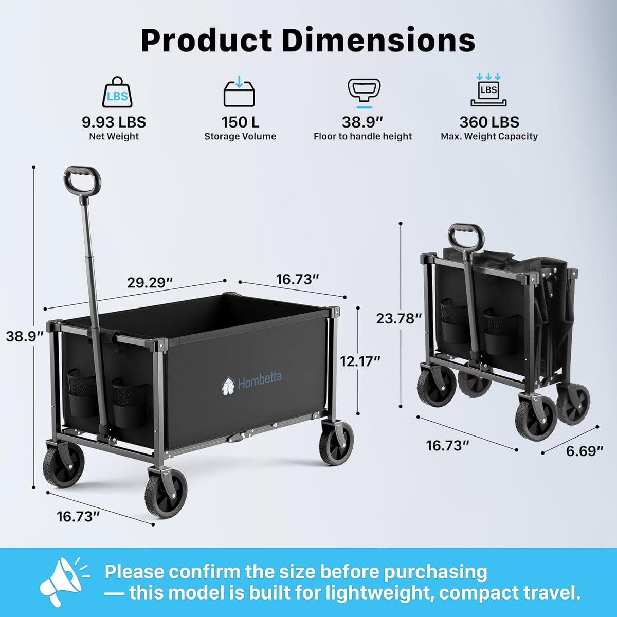 Collapsible Wagon Cart with Wheels, 150L Lightweight Foldable Utility Cart, Portable Rolling Wagon