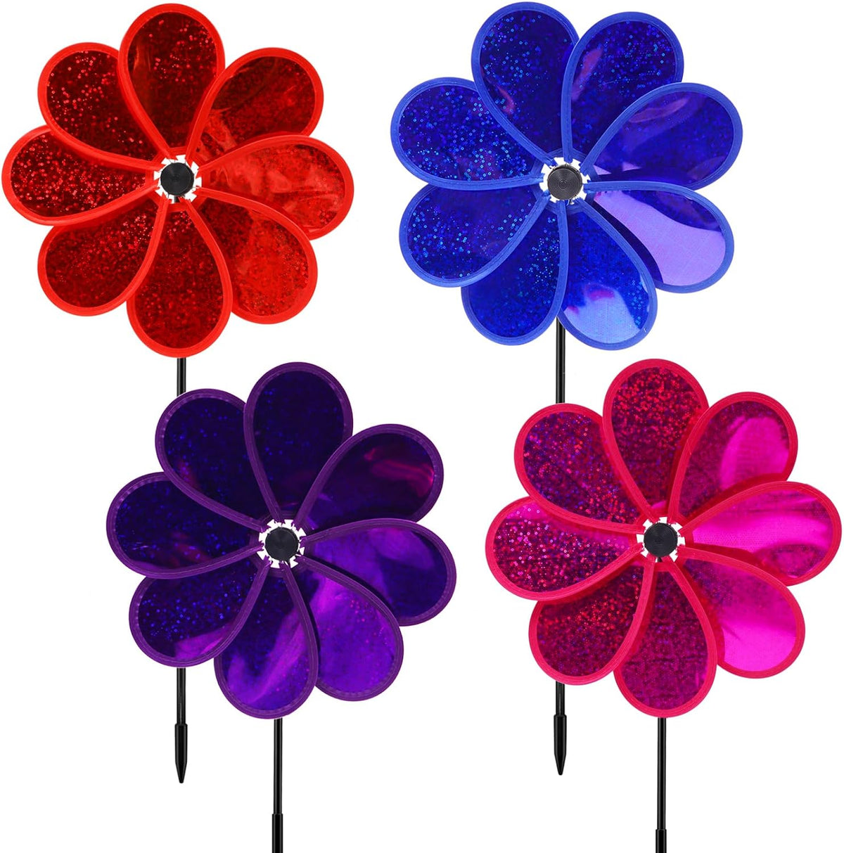 4PCS Flower Wind Spinner Sparkly Lawn Pinwheel 11.8 inch Colorful Rainbow Garden Windmill for