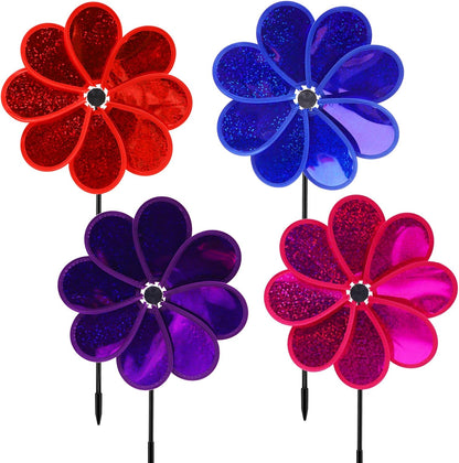 4PCS Flower Wind Spinner Sparkly Lawn Pinwheel 11.8 inch Colorful Rainbow Garden Windmill for