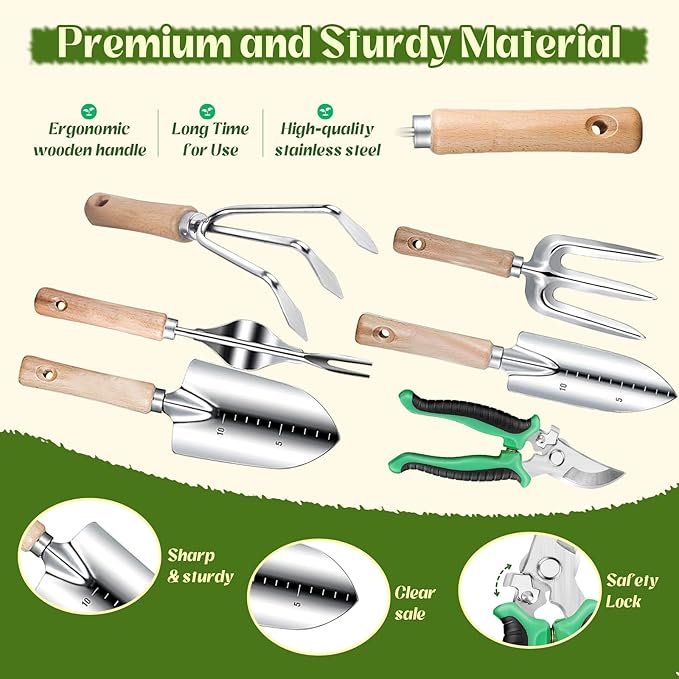 Garden Tools 9-Piece Heavy Duty Gardening Hand Tools with Floral Organizer Tote Bag, Rust-Proof