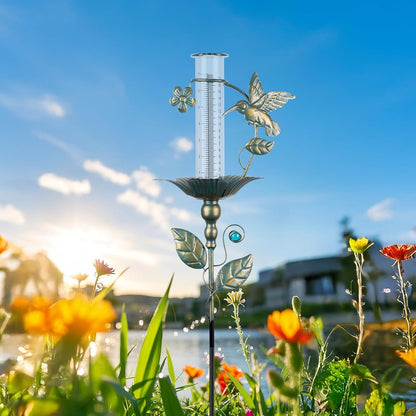 Rain Gauge Outdoor Decorative Hummingbird 7" Metal Rain Gauges Glass Tube | for Yard