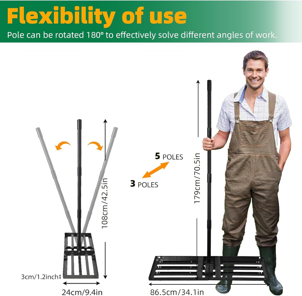 Lawn Leveling rake 34.1"x9.4" Levelawn Tool with 70.5" Adjustable Long Handle Heavy Duty Landscape