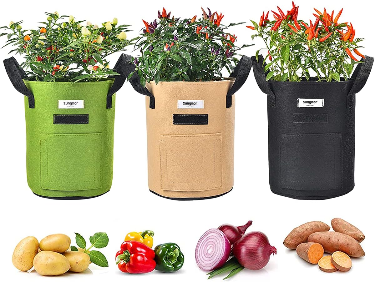Sungmor 3PC Large Fabric Pots, Grow Bags for Plants 10 Gallon Patio Garden Bags Cloth Pots, Heavy