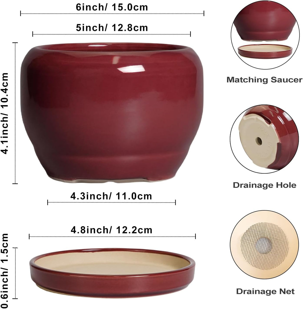SQOWL 6 Inch Plant Pot - Ceramic Planter for Indoor Plants Outdoor, Round Planter with Drainage