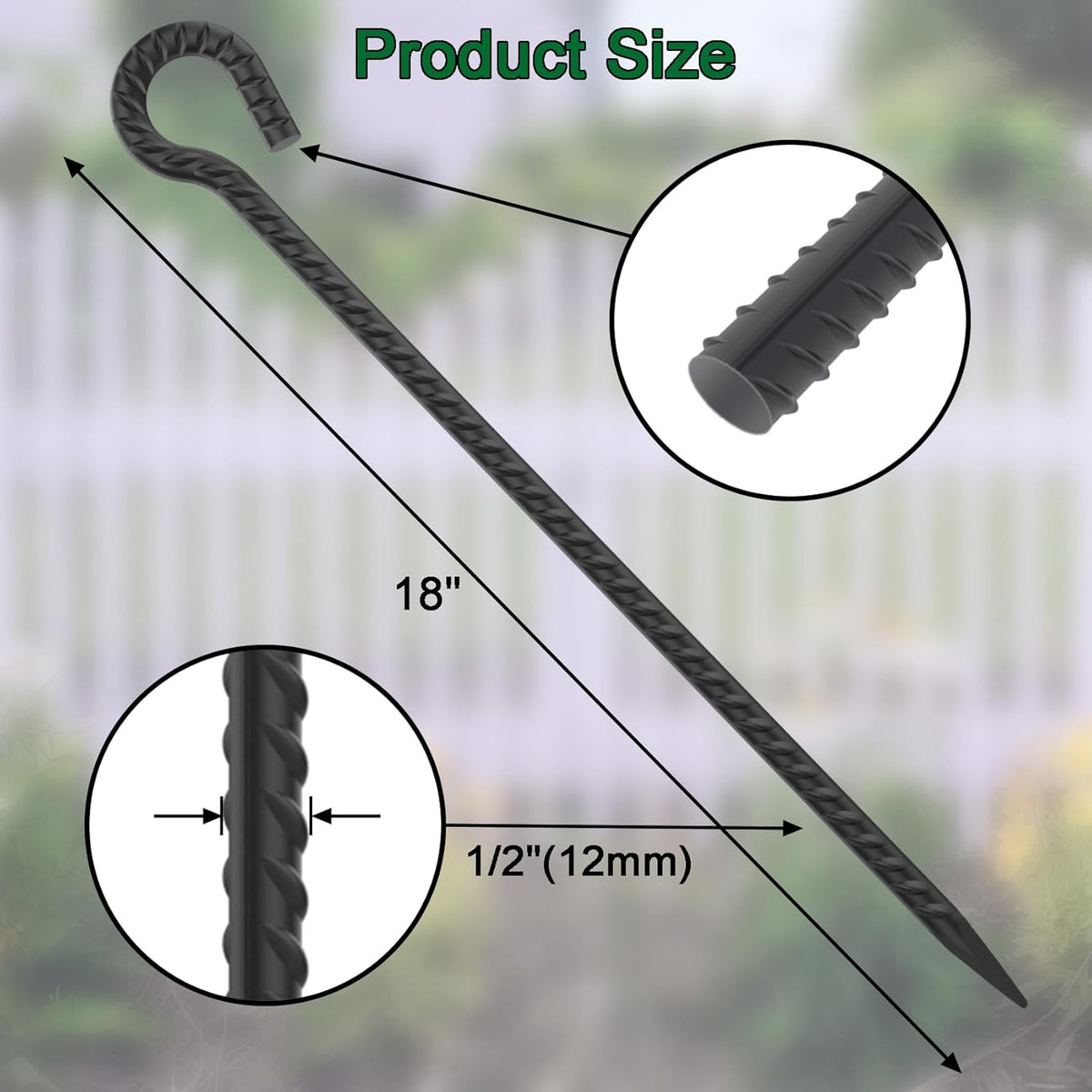 18 Inch Rebar Stakes with Loop 12 Pack Camping Tent Ground Anchors Heavy Duty 1/2 Inch Diameter