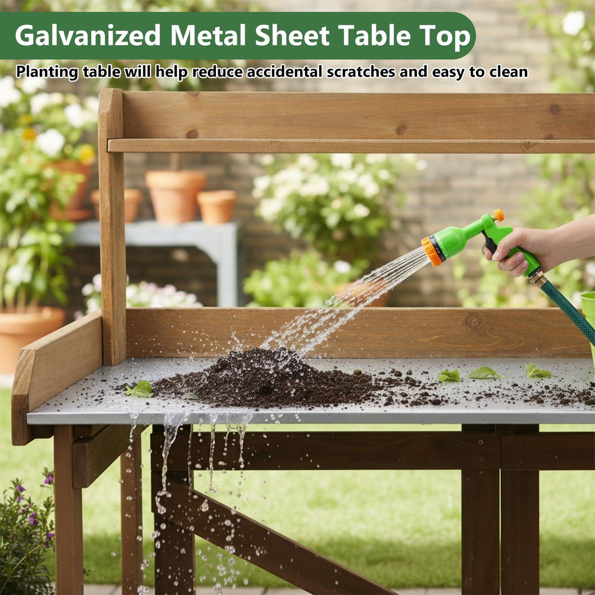 Garden Potting Bench Table Wooden Horticulture Outdoor Planting Work Bench with Metal