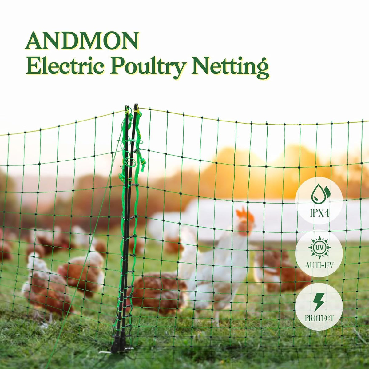 ANDMON Electric Poultry Netting, 48" x 164' Electric Fence Netting with Double Spiked Fiberglass