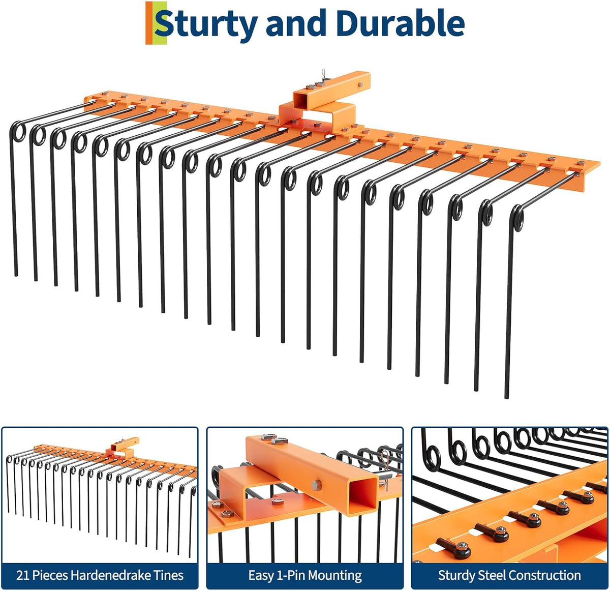 Tow Behind Landscape Rake, 60" Tow Dethatcher with 21 Steel Coil Tines, Lawn Dethatcher Rake