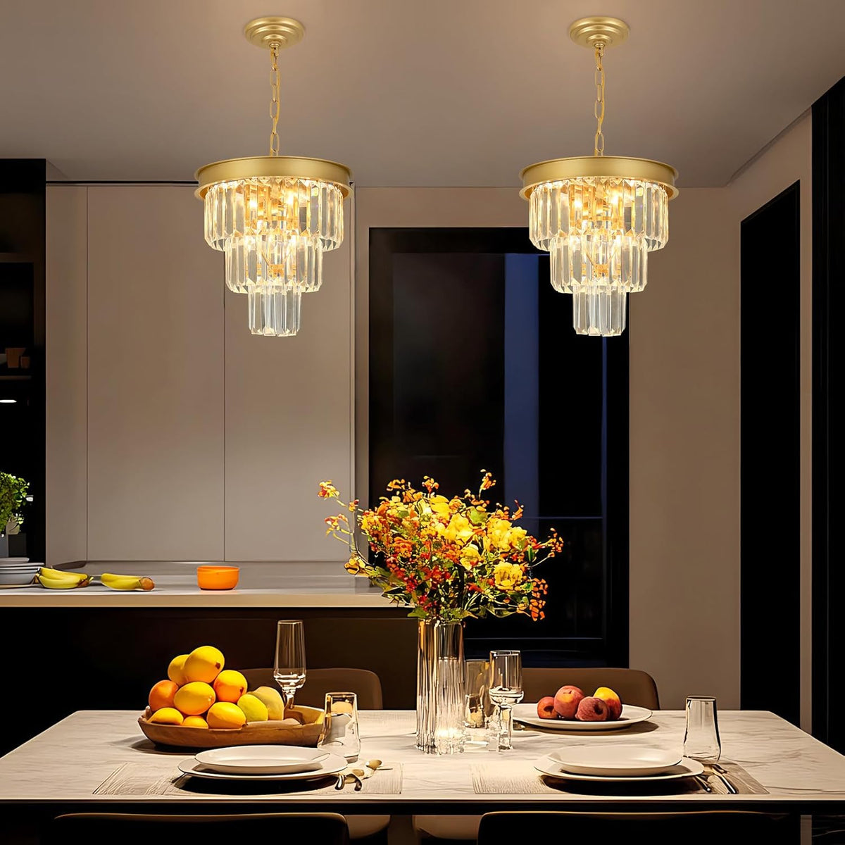 Crystal Chandeliers for Dining Room Light Fixtures Over Table，4-Lights Modern Gold Crystal Pendant