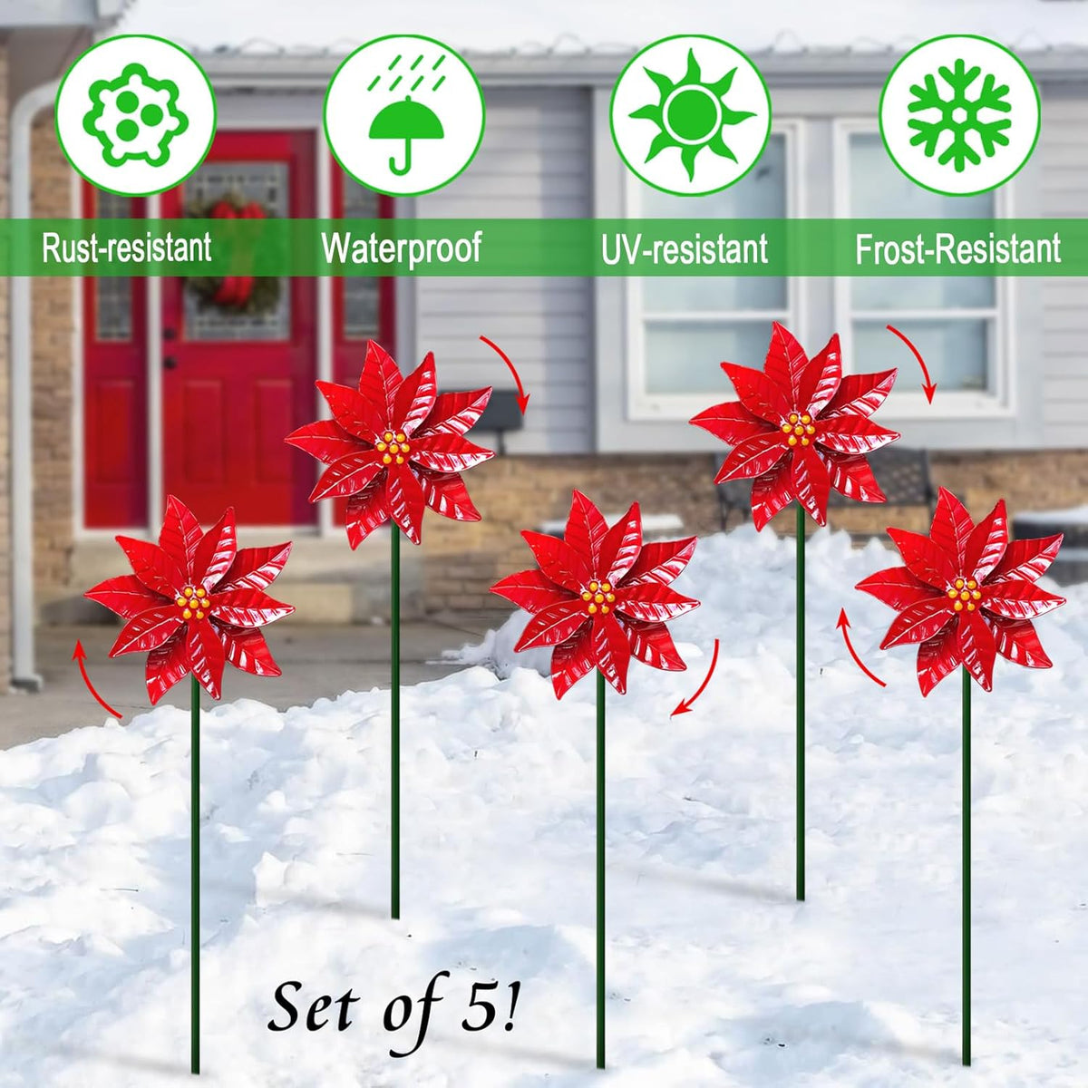 5 Pack Metal Poinsettia Wind Spinners for Garden,Outdoor Lawn Ornaments,Christmas Yard