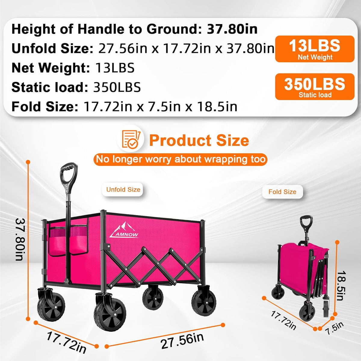 Collapsible Folding Wagon Cart, 350LBS Utility Large Capacity Cart Foldable Wagon with All Terrain