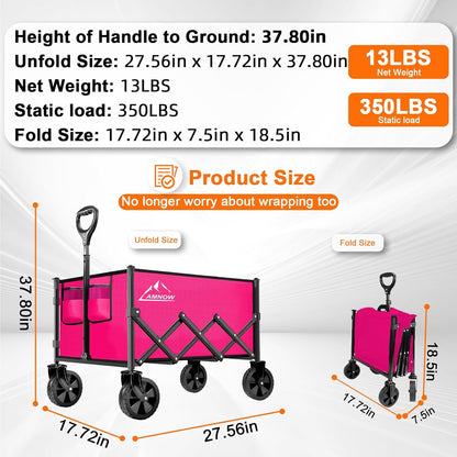 Collapsible Folding Wagon Cart, 350LBS Utility Large Capacity Cart Foldable Wagon with All Terrain