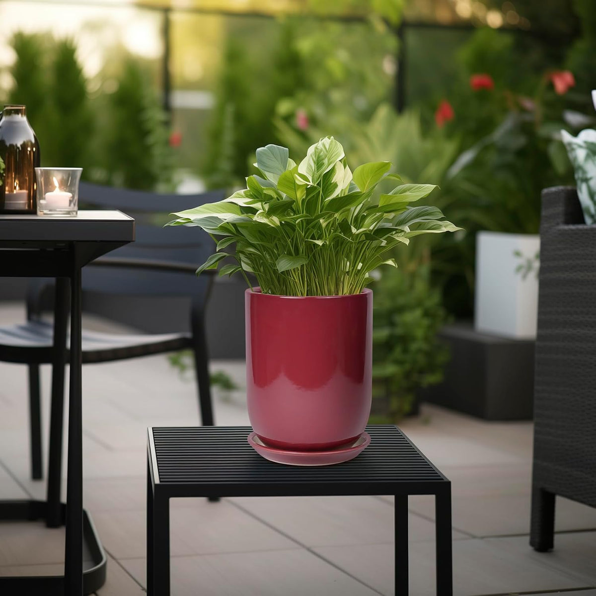 Ceramic Pot for Plants - 8 Inch Plant Pot Indoor with Drainage Hole and Saucer Cylinder Flower Pot