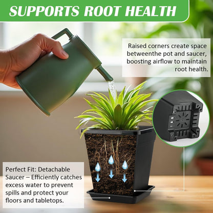 6 inch Plant Pots, 10 Pack Flower Pots Outdoor Indoor, Square Plastic Planter with Drainage Holes