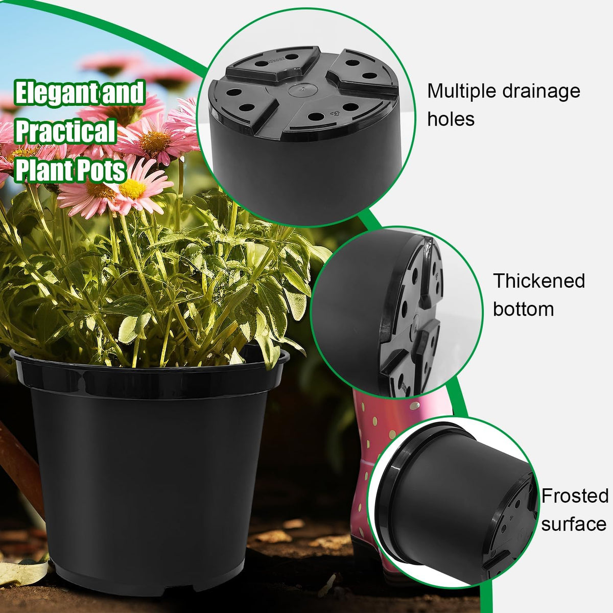 5 Gallon 12 Inch Plastic Nursery Pots, Plant Containers with Drainage Holes, Round Sturdy Garden