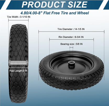 4.80/4.00-8" Flat Free Tire and Wheel 14.5" Solid Flat-Free Replacement Tire with 5/8"& 3/4" Axle
