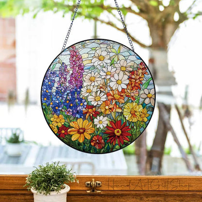 Colorful Wildflowers Suncatcher -7.9 in Stained Glass Window Hanging Sun Catcher Garden Decor