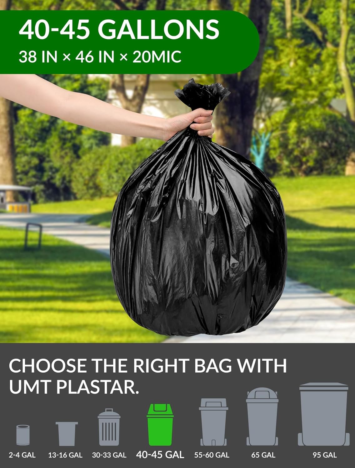 150 Count Heavy Duty Black Trash Bags, 40-45 Gallon, 38x46 Inches, 20 Micron Thick Large Garbage