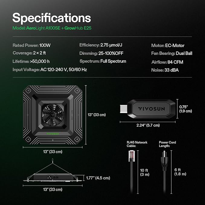 VIVOSUN AeroLight A100SE, LED Grow Light 100W with Integrated Circulation Fan & GrowHub Controller