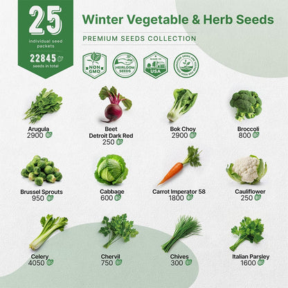 Organo Republic 25 Winter Vegetable & Herb Garden Seeds Variety Pack for Outdoors & Indoor Home