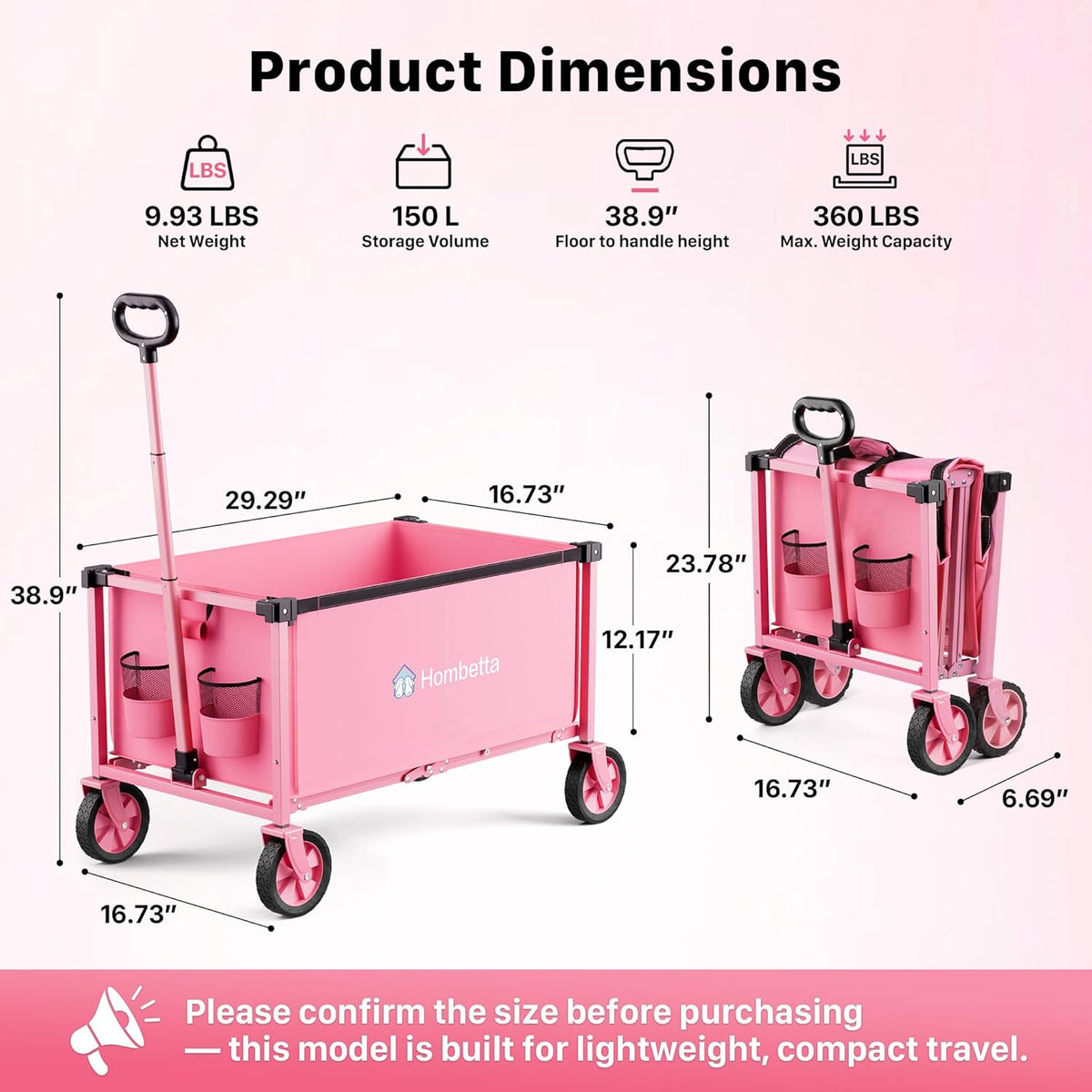Collapsible Wagon Cart with Wheels, 150L Lightweight Foldable Utility Cart, Portable Rolling Wagon