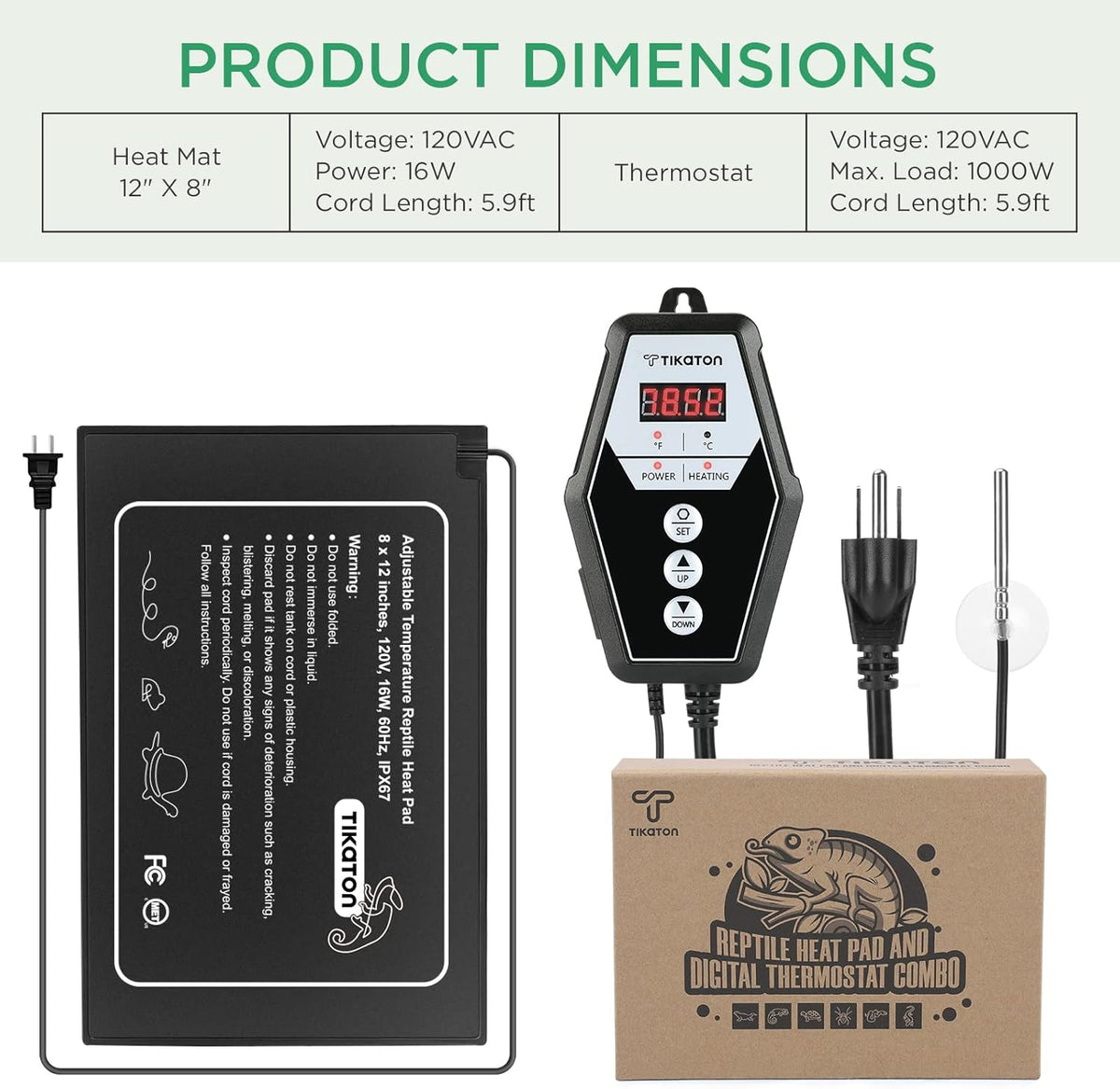 Tikaton Reptile Heating Pad and Digital Thermostat Combo Set, Under Tank Heater for