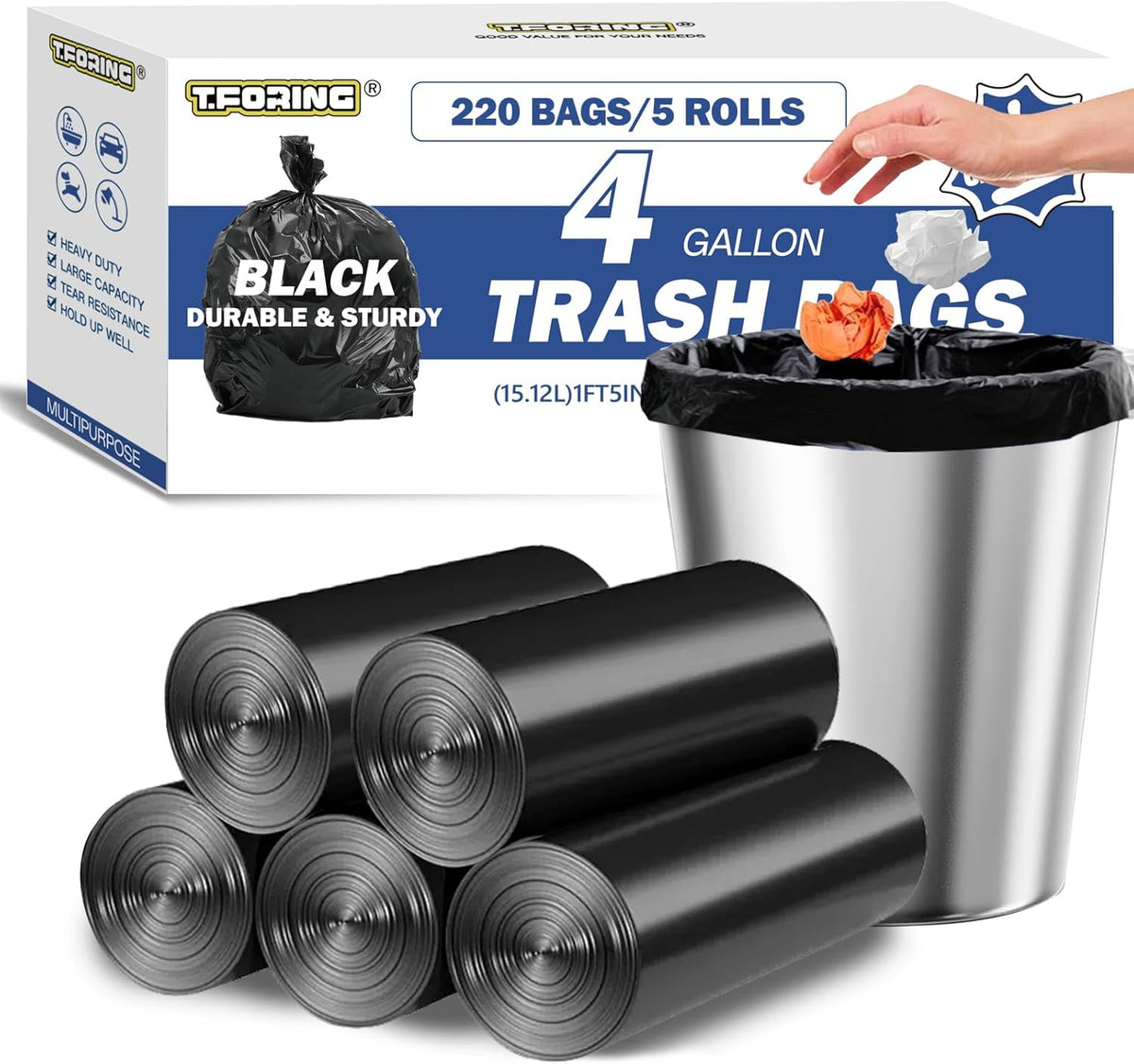 Small Trash Bags 4 Gallon - 0.94 Mil Thick 220 Count Heany Duty 15 Liters Black Garbage