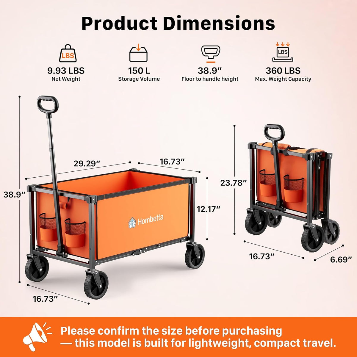 Collapsible Wagon Cart with Wheels, 150L Lightweight Foldable Utility Cart, Portable Rolling Wagon