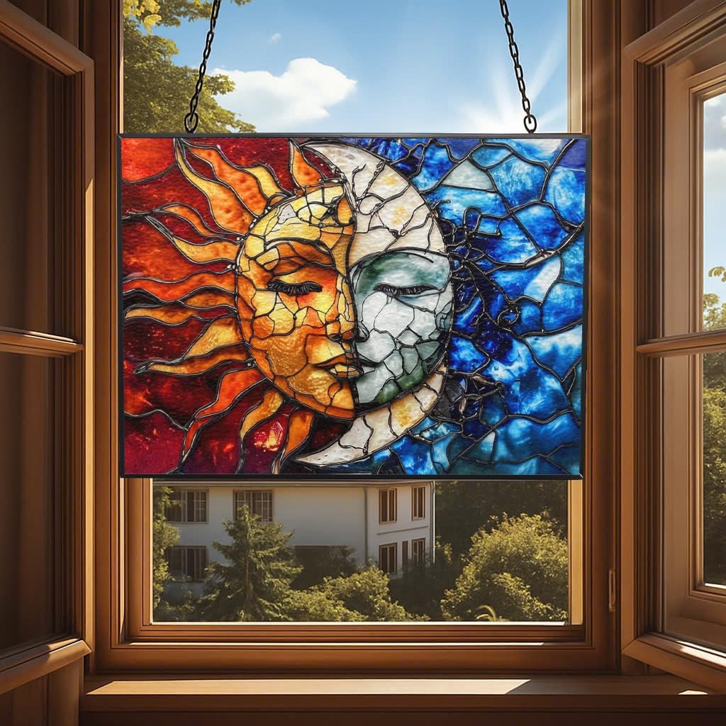 Rectangle Sun and Moon Stained Glass Suncatcher Window Hangings, Suncatchers Colorful Glass Panel