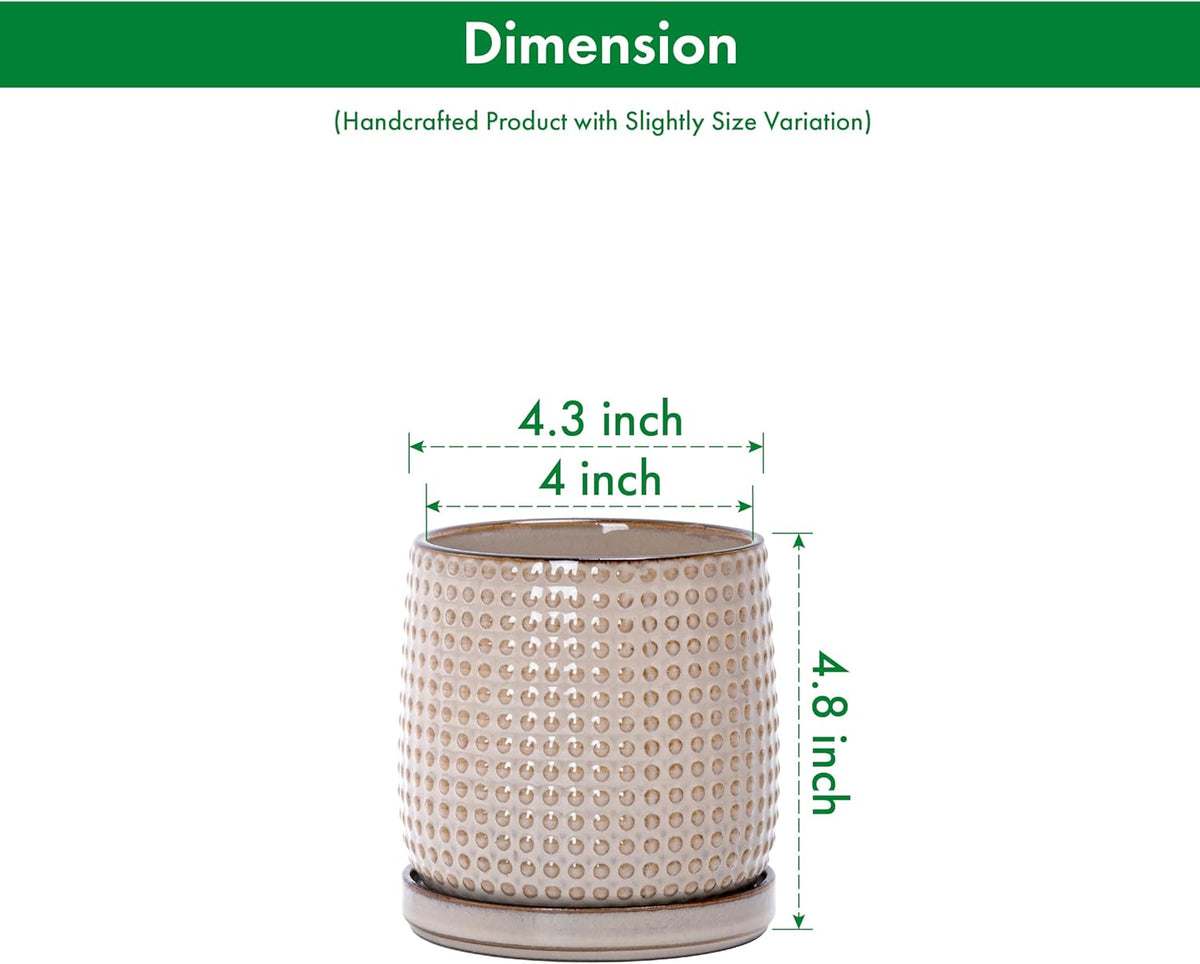 D'vine Dev 4 Inch Ceramic Beaded Stoneware Planter Pot - Flower Pot with Drainage Holes and Saucers